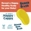 Happy Cappy Beanie Brush graphic highlighting BPA-free silicone and ultra-soft bristles.