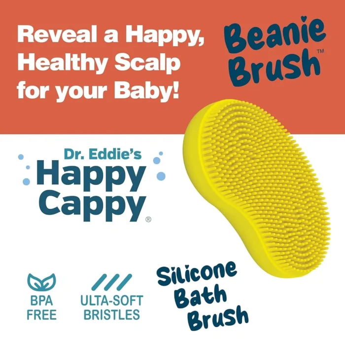 Happy Cappy Beanie Brush graphic highlighting BPA-free silicone and ultra-soft bristles.
