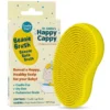 Happy Cappy Beanie Brush in yellow silicone, with its retail packaging.