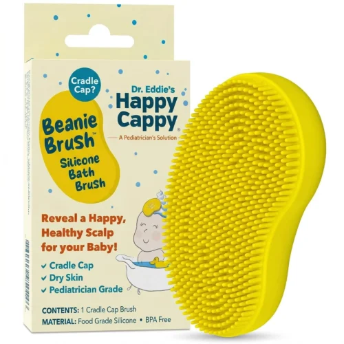 Happy Cappy Beanie Brush in yellow silicone, with its retail packaging.