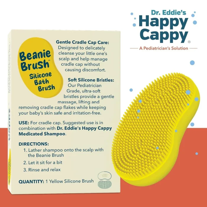 Happy Cappy Beanie Brush directions for gentle scalp cleansing with shampoo.