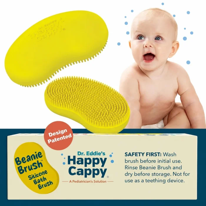 Both sides of the Beanie Brush beside a baby, with a design patent badge and brush washing and storage instructions.