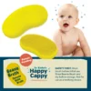 Two views of the Beanie Brush with a baby and a safety note to wash it before use, not a teething toy