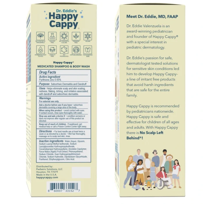 Kit side panels, the medicated shampoo Drug Facts with pyrithione zinc and the founder Dr. Eddie bio