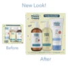 Before and after packaging comparison of the Happy Cappy 3-step cradle cap kit, showing the new box