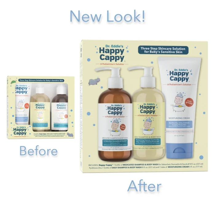 Before and after packaging comparison of the Happy Cappy 3-step cradle cap kit, showing the new box