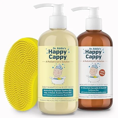 Happy Cappy cradle cap bundle with medicated shampoo, daily shampoo and body wash, and a silicone scalp brush