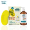 Happy Cappy Medicated Shampoo bottle beside the yellow Beanie Brush silicone bath brush and its box