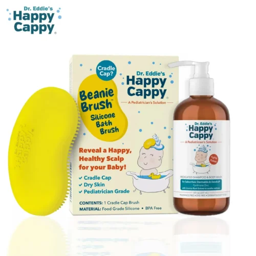Happy Cappy Medicated Shampoo bottle beside the yellow Beanie Brush silicone bath brush and its box