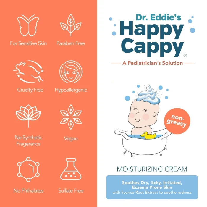 Happy Cappy Moisturizing Cream formula features, including fragrance-free, paraben-free and sulfate-free.