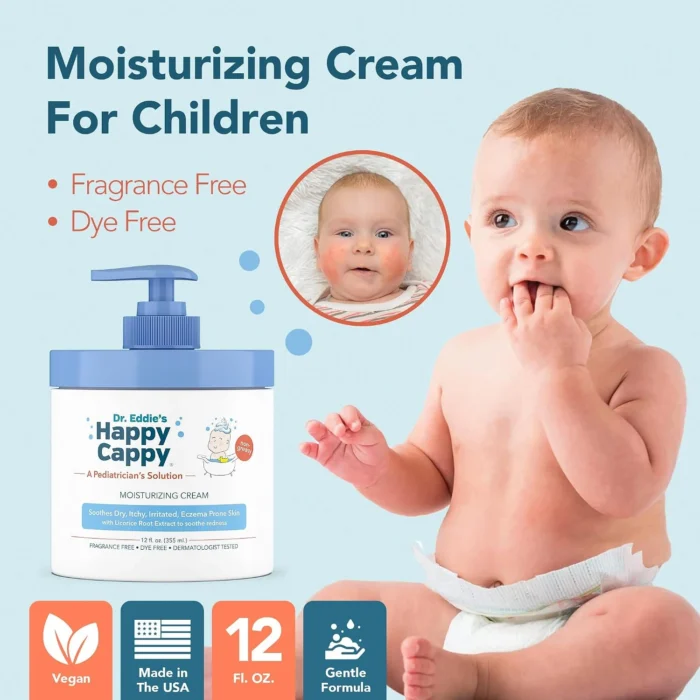 Happy Cappy 12 oz Moisturizing Cream with a baby and fragrance-free, dye-free formula highlights.