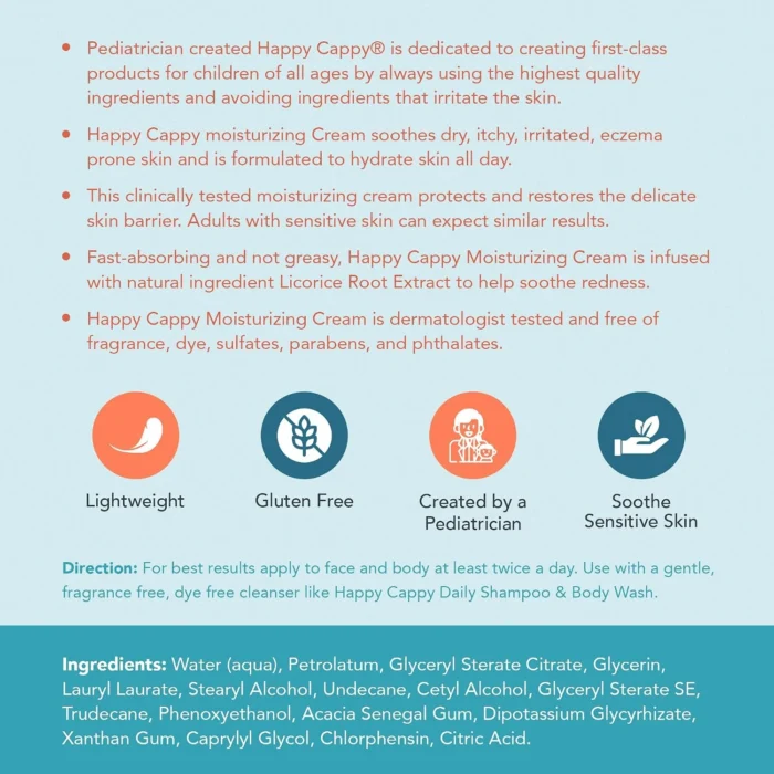Happy Cappy Moisturizing Cream ingredients, directions and sensitive-skin formula information.