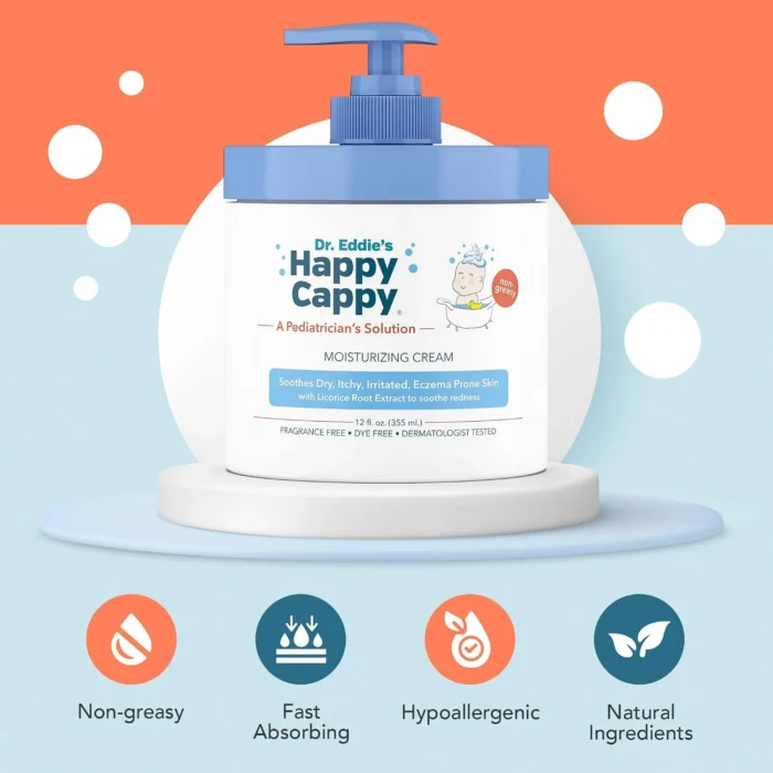 Happy Cappy 12 oz Moisturizing Cream with non-greasy, fast-absorbing and hypoallergenic formula features.