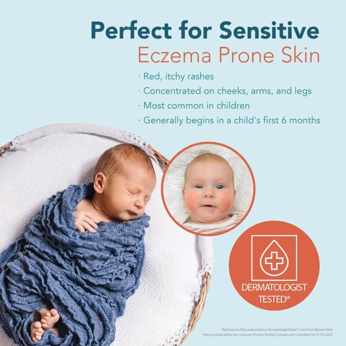 Happy Cappy Moisturizing Cream graphic showing a sleeping child and information about sensitive, eczema-prone skin.