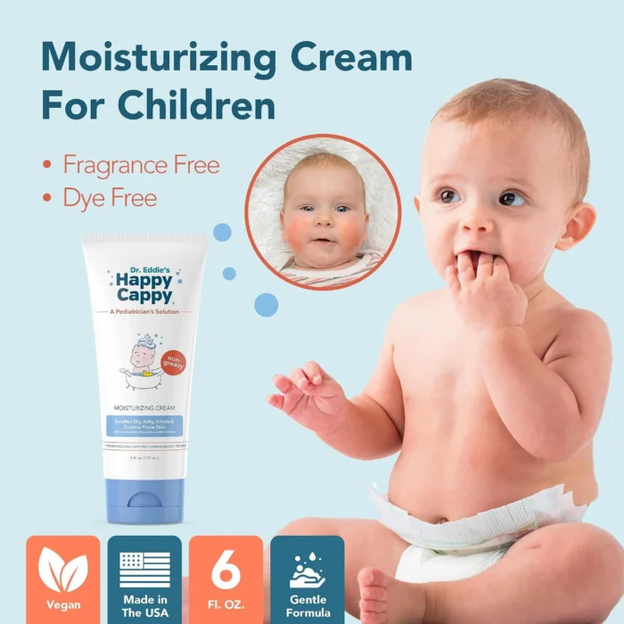 Happy Cappy 6 oz Moisturizing Cream tube with a baby and fragrance-free, dye-free formula highlights.