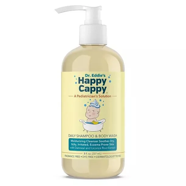 Front label of the Happy Cappy Daily Shampoo and Body Wash with oatmeal and licorice root extract