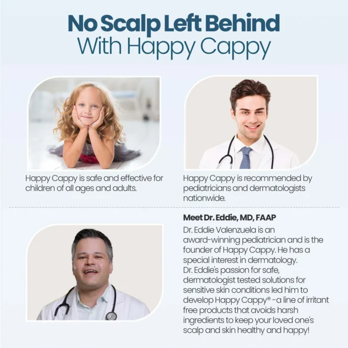 About Happy Cappy panel featuring founder Dr. Eddie Valenzuela, a pediatrician, with a child and doctors