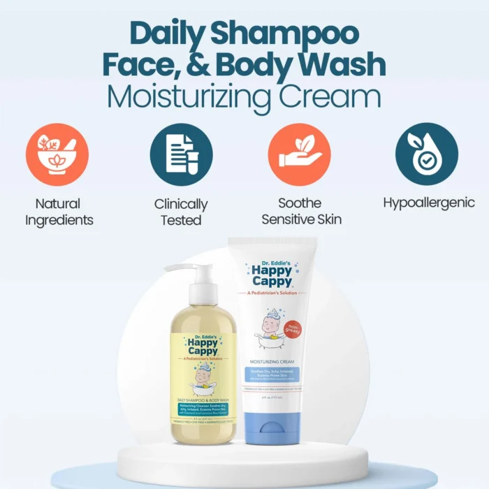 Happy Cappy daily wash and moisturizing cream with natural ingredients and hypoallergenic benefits