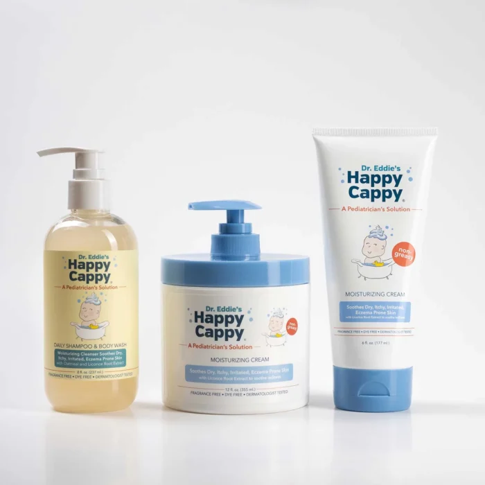 Happy Cappy daily shampoo and body wash beside the 12 oz moisturizing cream jar
