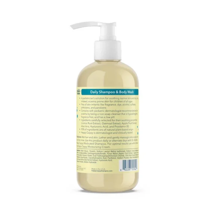 Back label of the daily shampoo and body wash listing its plant-based soothing ingredients and directions