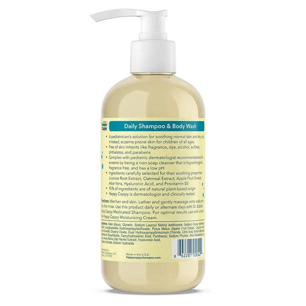 Daily shampoo and body wash back label with soothing-ingredient bullets and full ingredient list
