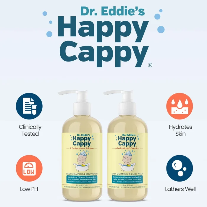 Two daily wash bottles with icons for hydrates skin, low pH and lathers well