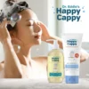 Woman lathering Happy Cappy daily shampoo and body wash with the moisturizing cream tube beside
