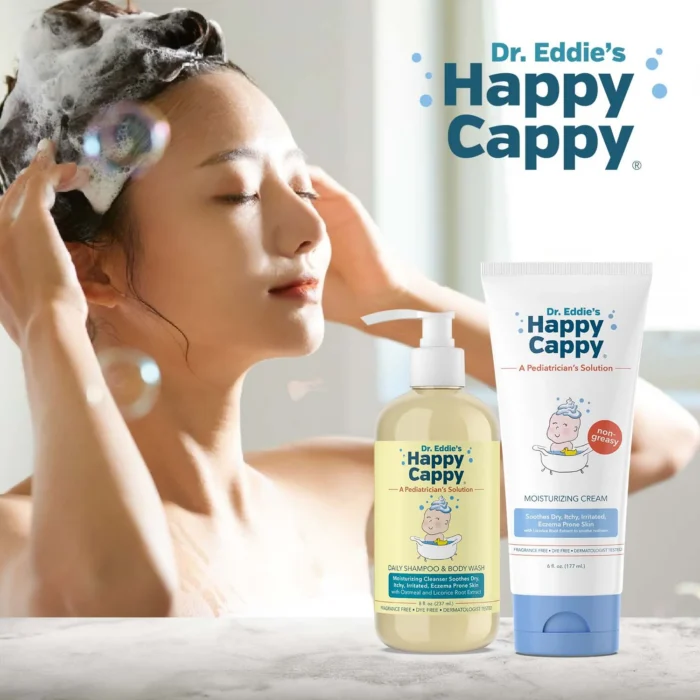 Woman lathering Happy Cappy daily shampoo and body wash with the moisturizing cream tube beside