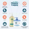 Mother and toddler with Happy Cappy daily wash and the moisturizing cream jar