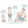 Cartoon of where eczema, atopic dermatitis, tends to appear on a baby, a child and an adult
