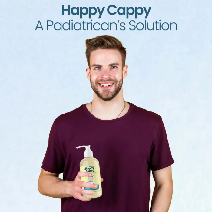 Man holding the Happy Cappy Daily Shampoo and Body Wash, a pediatrician's solution for sensitive skin