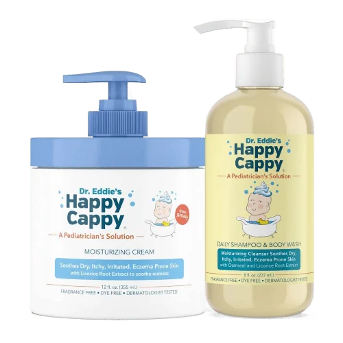 Happy Cappy daily shampoo and body wash, medicated shampoo and a soft silicone scalp brush