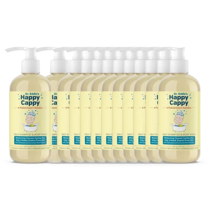 A row of a dozen Happy Cappy Daily Shampoo and Body Wash bottles, the bulk multipack