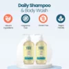 Daily shampoo and body wash, two bottles on a stand, natural ingredients, fragrance free, gluten free, vegan