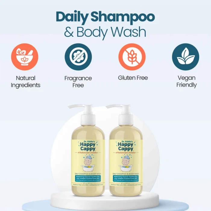 Daily shampoo and body wash, two bottles on a stand, natural ingredients, fragrance free, gluten free, vegan