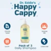 Pack of three Happy Cappy daily shampoo bottles with hydrates skin and low pH benefit icons
