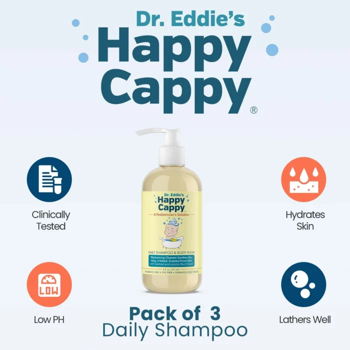 Pack of three Happy Cappy daily shampoo bottles with hydrates skin and low pH benefit icons