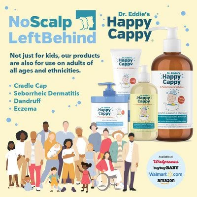 Graphic showing Happy Cappy is for adults too, listing cradle cap, seborrheic dermatitis, dandruff and eczema