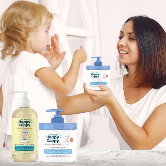 Free-from icons for Happy Cappy, sulfate free, fragrance free, paraben free, phthalate free and vegan