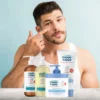 Man applying Happy Cappy moisturizing cream to his face with the 3-step set on the counter