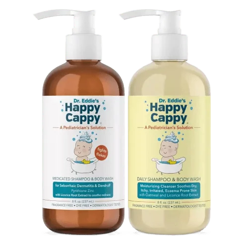 Happy Cappy Medicated Shampoo and Daily Shampoo and Body Wash bottles side by side, an 8 oz duo