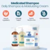 Medicated shampoo, daily wash and moisturizing cream on a stand with natural-ingredient and hypoallergenic icons