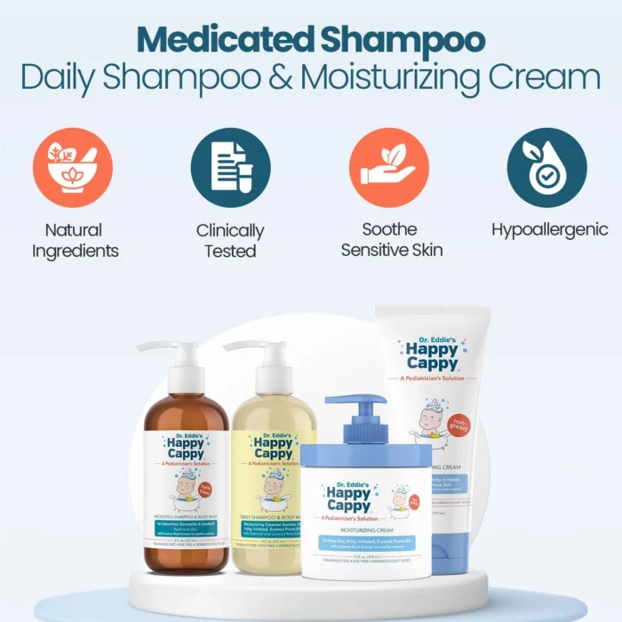 Medicated shampoo, daily wash and moisturizing cream on a stand with natural-ingredient and hypoallergenic icons