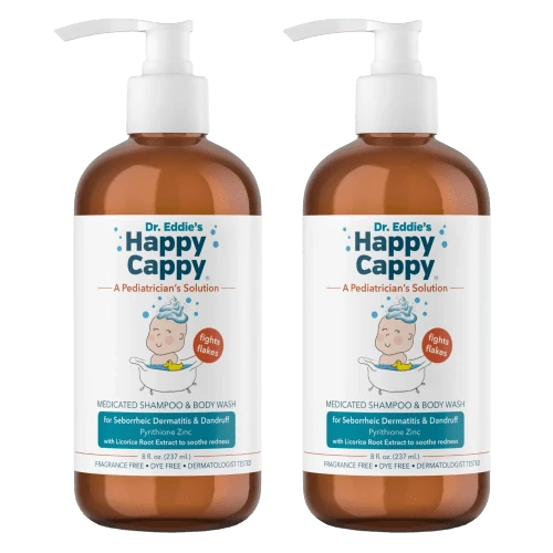 Happy Cappy Medicated Shampoo & Body Wash, 8 fl oz bottles with pump dispensers.