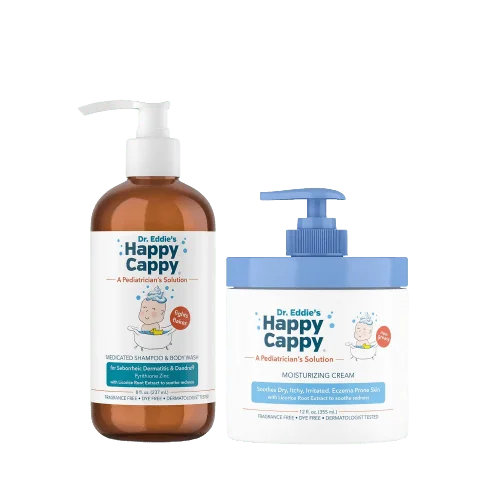 Happy Cappy Medicated Shampoo and Moisturizing Cream jar together, a two-step cradle cap routine