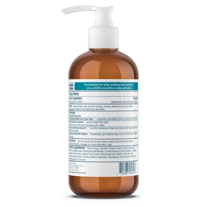 Back of the Happy Cappy medicated shampoo bottle showing the Drug Facts and ingredient panel