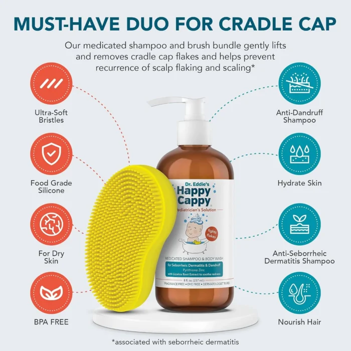 Happy Cappy shampoo and Beanie Brush bundle with icons describing the medicated wash and soft silicone brush.