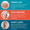 Cradle cap scalp close-up, woman washing her hair, and man touching his beard in a Happy Cappy product information graphic.