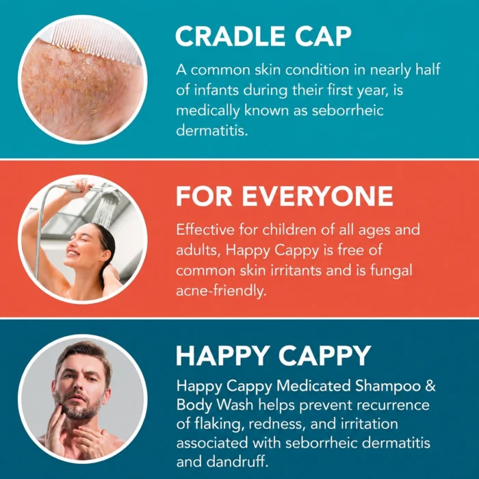 Cradle cap scalp close-up, woman washing her hair, and man touching his beard in a Happy Cappy product information graphic.