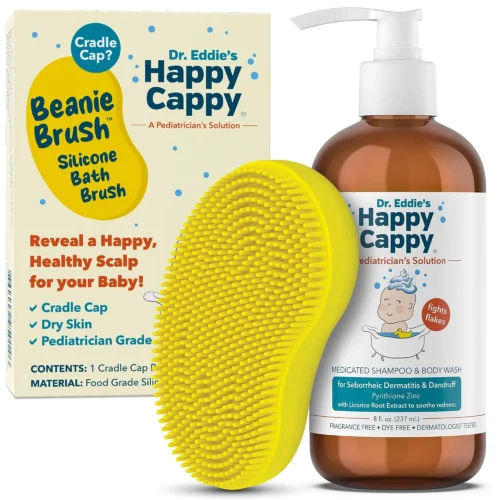 Happy Cappy Medicated Shampoo & Body Wash, 8 fl oz, with the yellow Beanie Brush and its retail box.